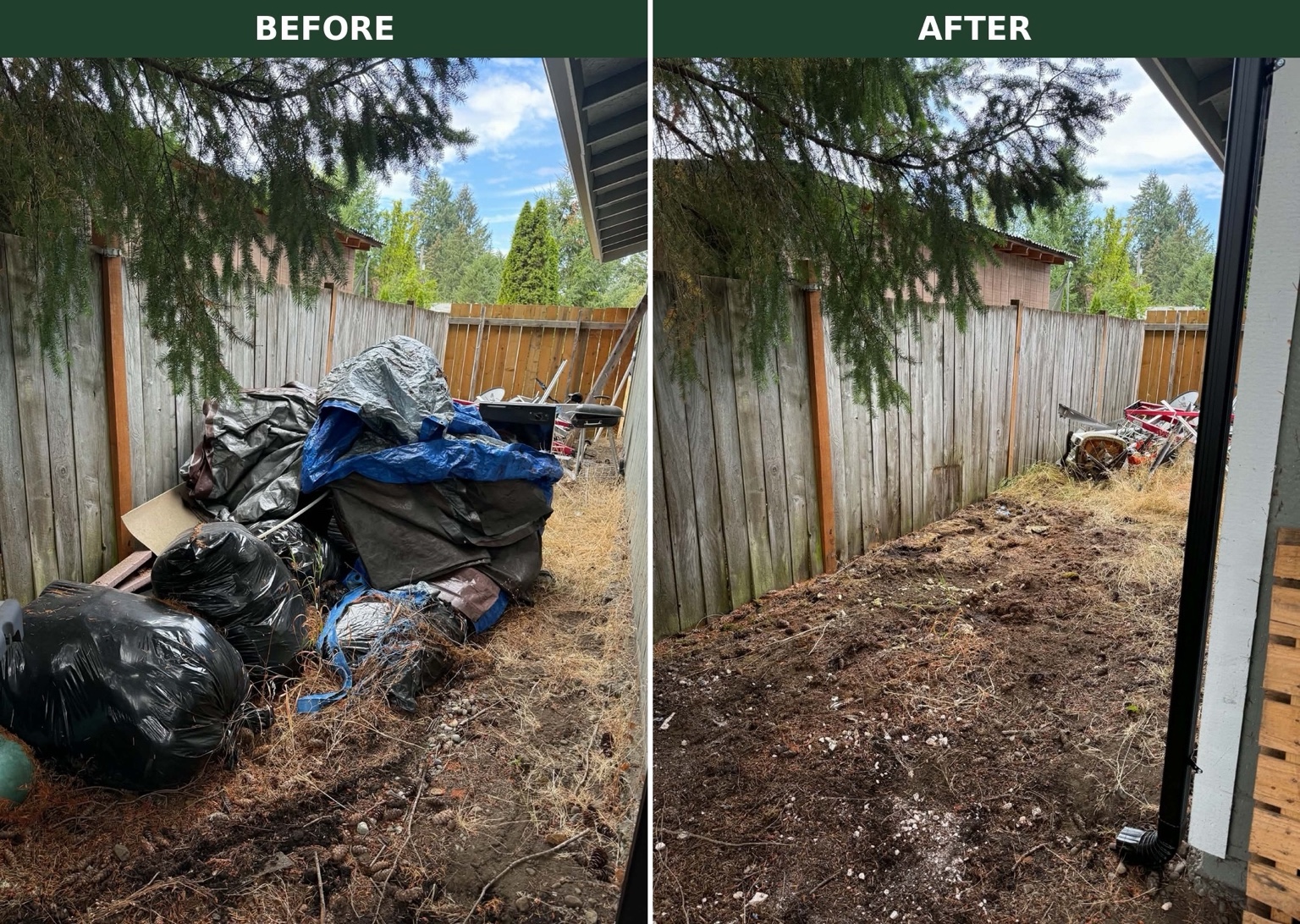 Transformations Before and after a side-yard cleanup with bagged junk and debris removed.
