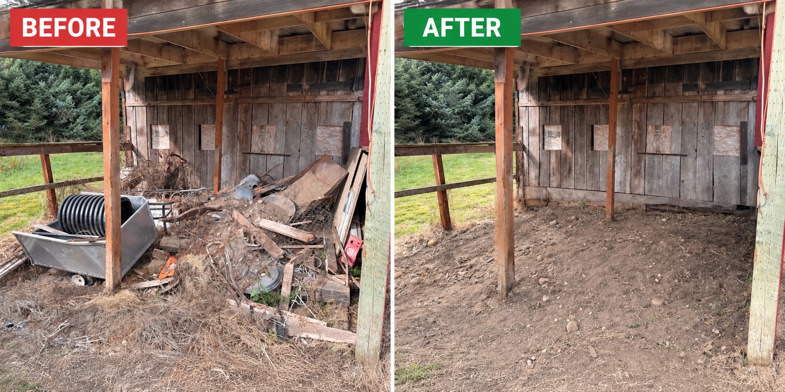 Transformations Before and after a barn cleanout, showing debris removed from a covered storage area.