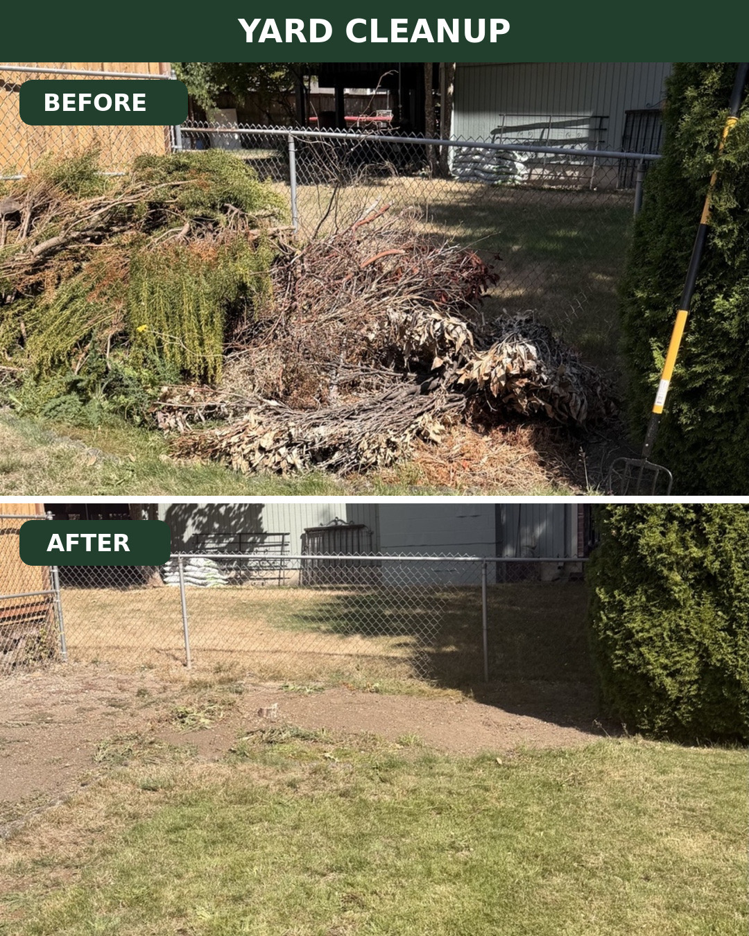 Transformations Before and after yard cleanup with a pile of branches and brush removed.
